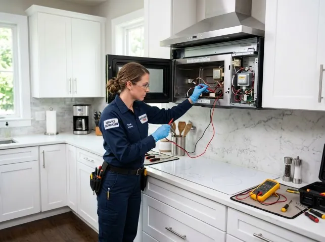 Appliance Repair Hero technician testing an over-the-range microwave in a Battle Creek, MI kitchen